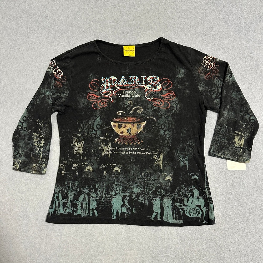 Katina Marie Paris French Vanilla Cafe Graphic Top Y2K Black Teal Womens Size M
